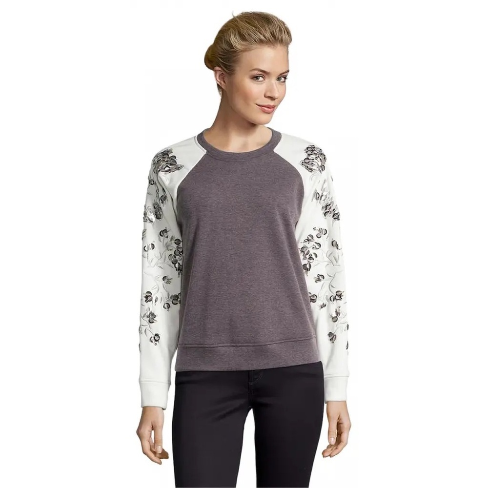 Rebecca Taylor Gray Purple Pullover Sweatshirt with White Floral Sleeves